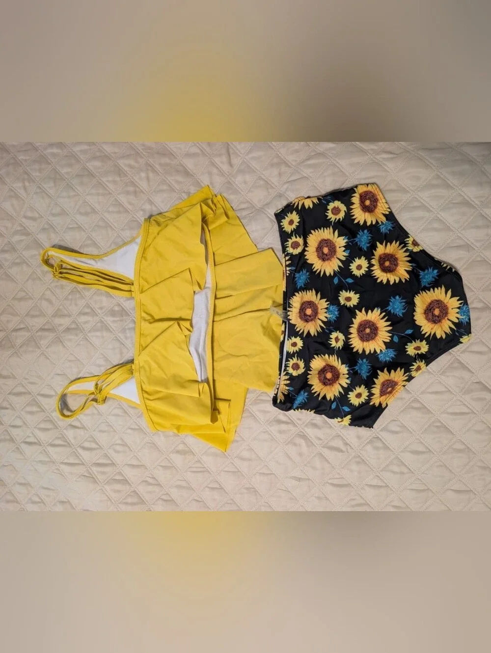 Yellow Ruffle Tankini Top with Sunflower High-Waist Bottoms